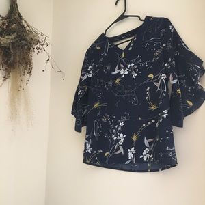 Navy floral bell sleeve top